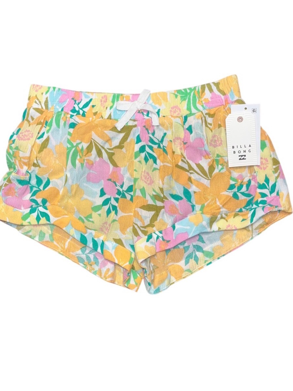Billabong Girls Pink Green Yellow Floral Pull On Tie Shorts NWT Medium